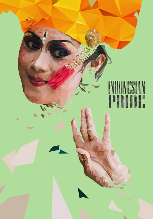 Low poly illustration of a Legong dancer, which is a form of dance originating from Bali, Indonesia. Made using Adobe Illustrator.